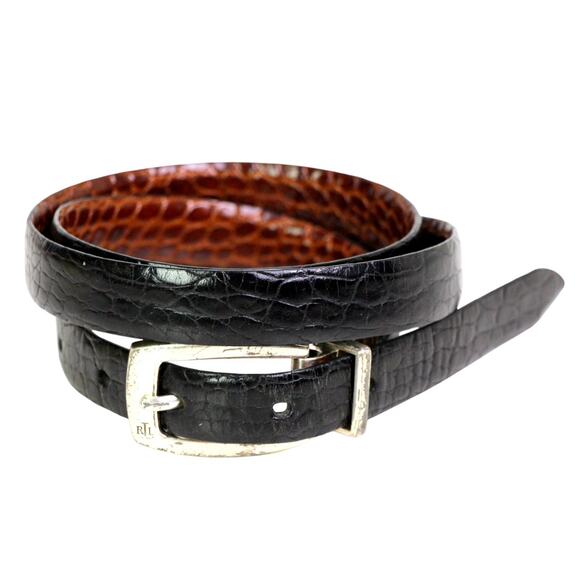 Ralph Lauren BROWN BLACK LEATHER 3/4"Wd SNAKE PRINT RVRSBL DRESS BELT Sz M (4B - Picture 1 of 16
